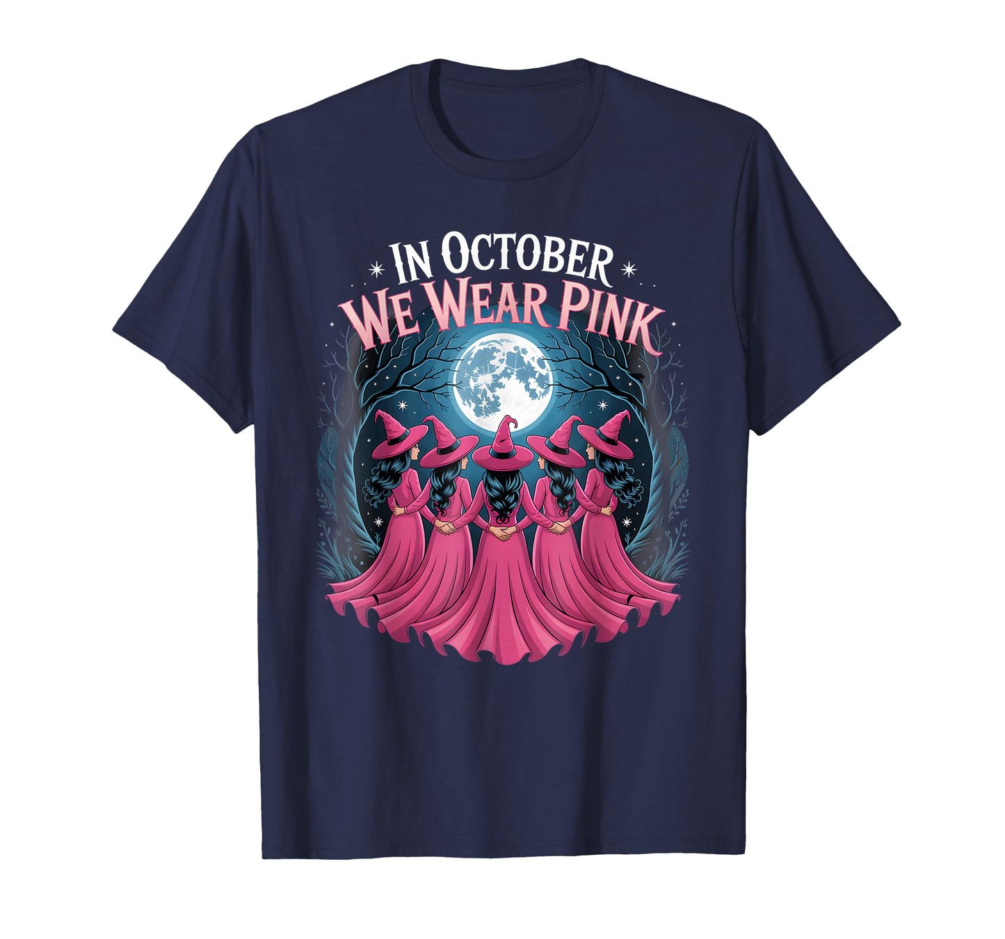 in October We Wear Pink Ribbon Witch Halloween Breast Cancer T-Shirt
