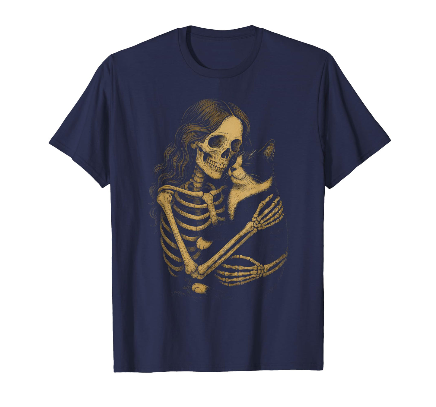 Vintage Skeleton Hugging Tuxedo Cat Halloween Cat Mom Women T-Shirt