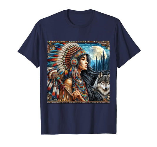 indian native american woman with white wolf vintage gifts T-Shirt