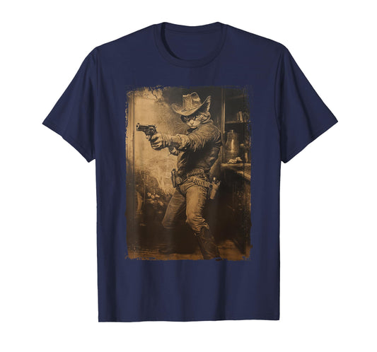 Vintage Cowboy Cat with Revolver Gunslinger Wild West Outlaw T-Shirt