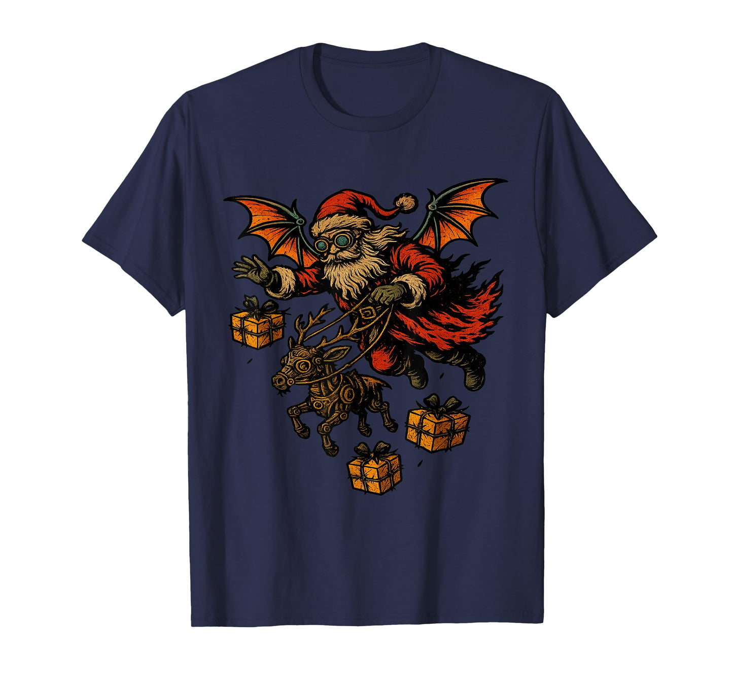 Gothic Santa with Bat Wings Robot Reindeer T-Shirt