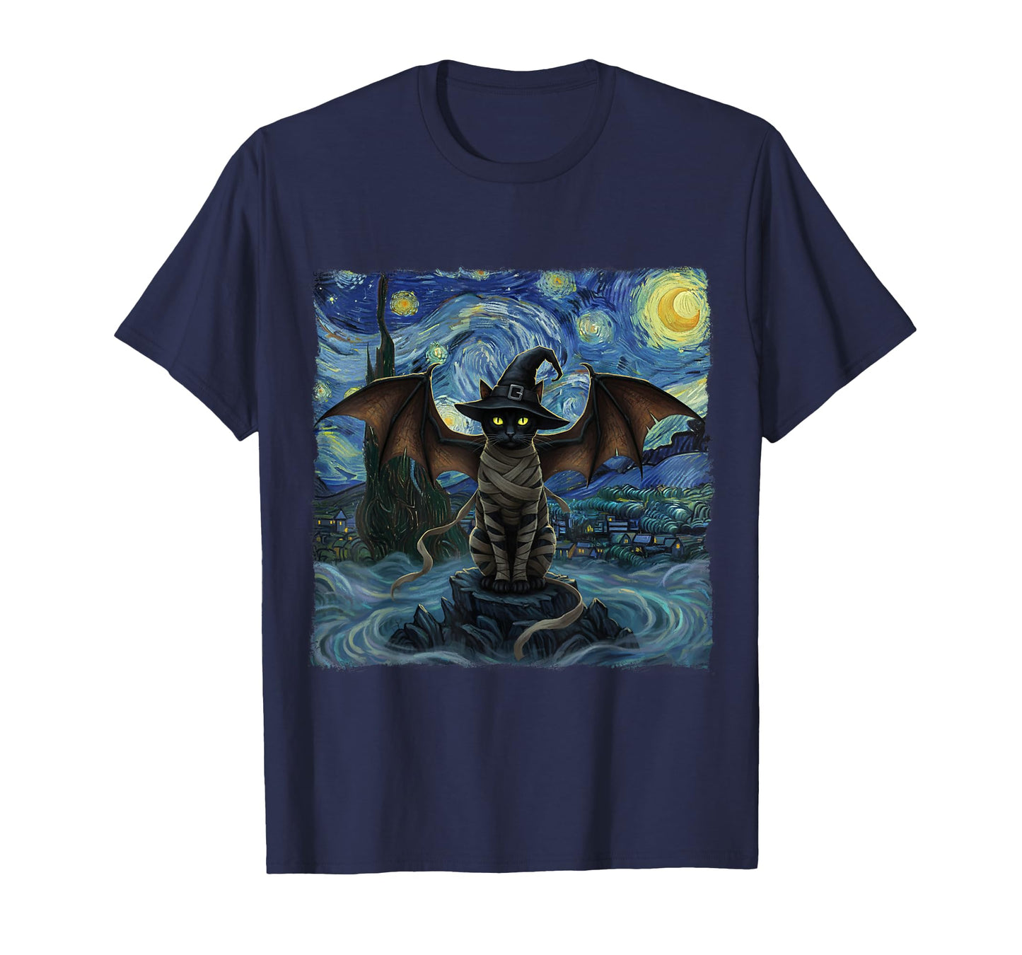 Vampire Cat with Bat Wings Cat Starry Night Cat Halloween T-Shirt