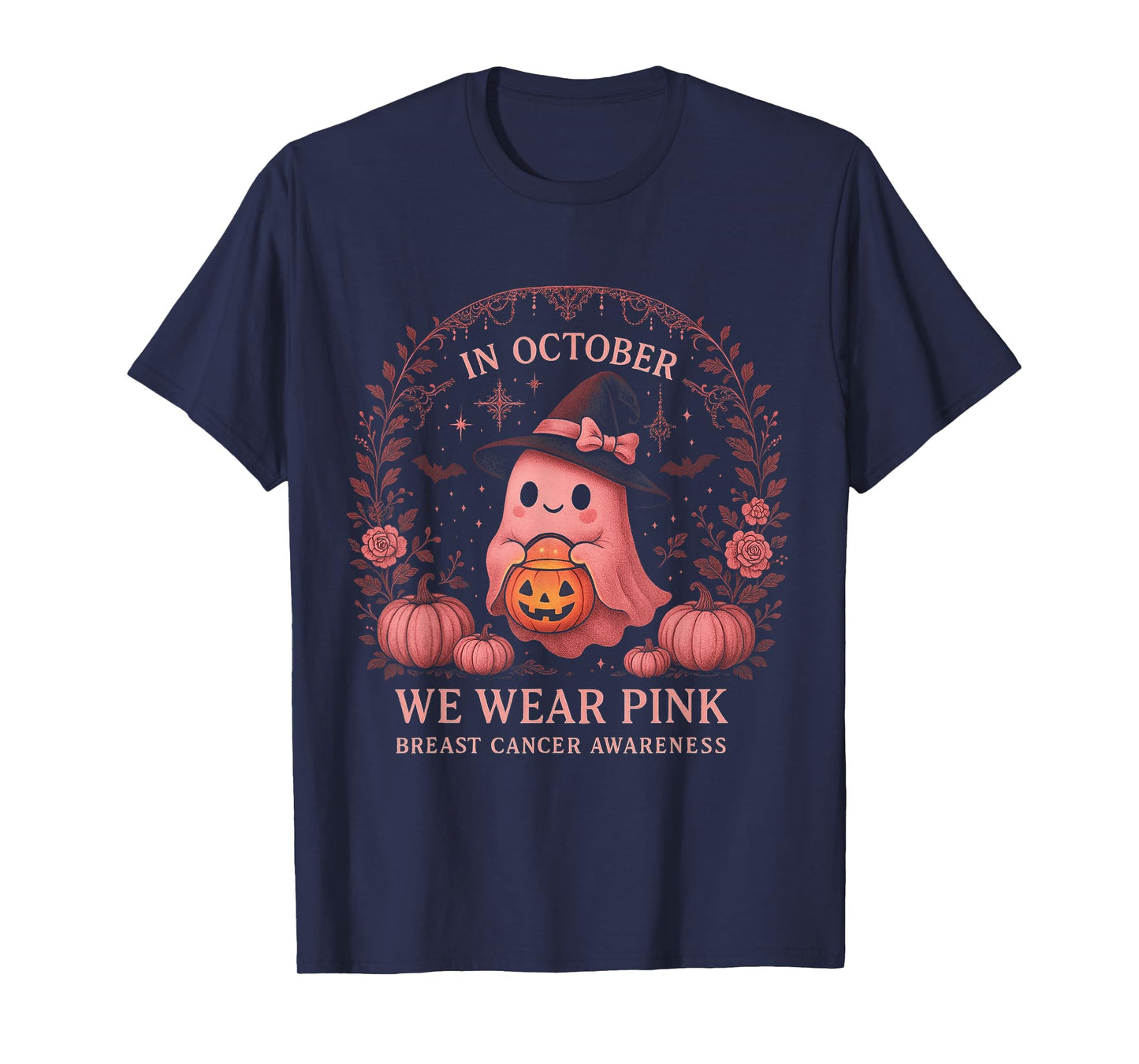 in October We Wear Pink Breast Cancer Awareness Ghost T-Shirt