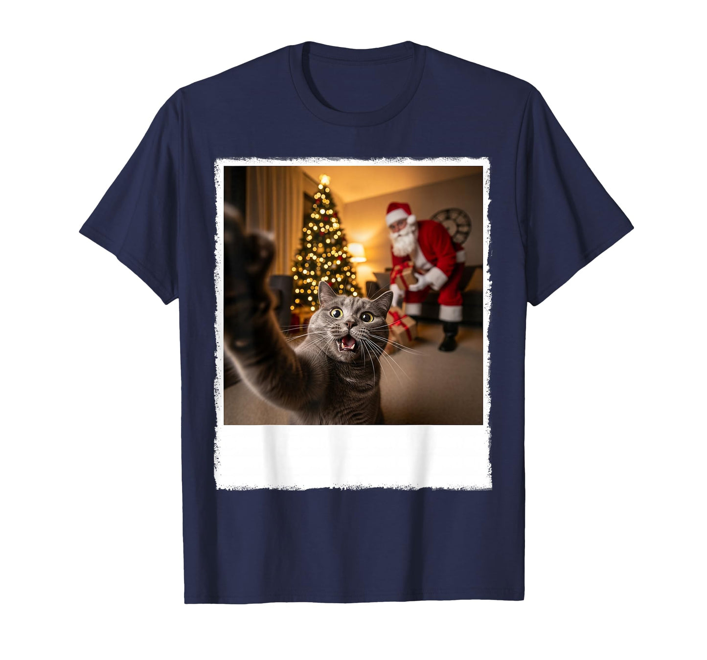 Funny Xmas Grey Cat Selfie with Santa Gifts Claus Christmas T-Shirt
