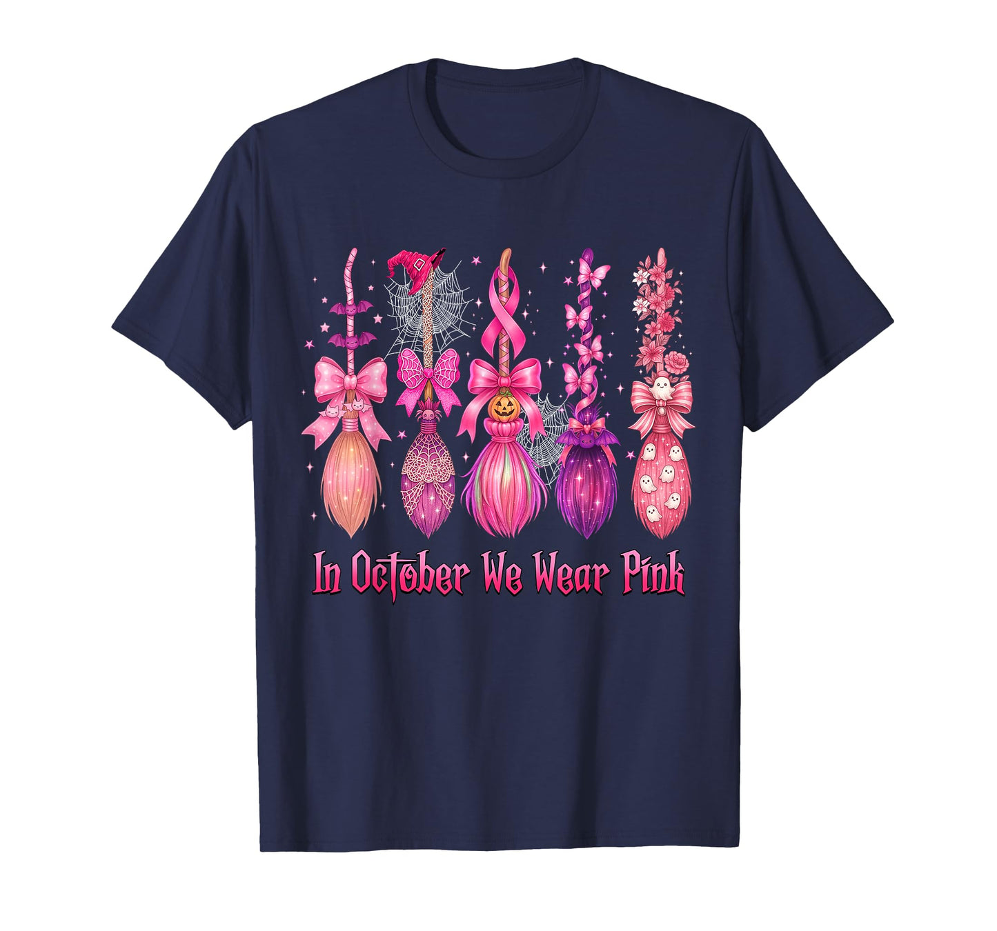 in October We Wear Pink Witch Broom Halloween Breast Cancer T-Shirt