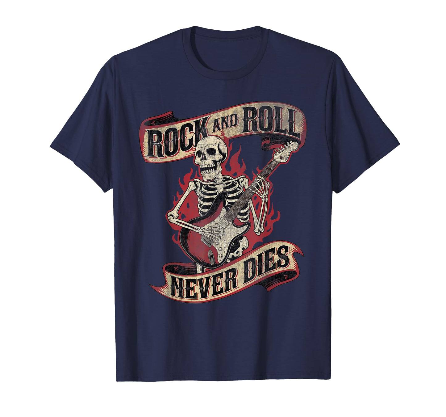 Rock and Roll Never Dies Skeleton Vintage ROCK Music T-Shirt