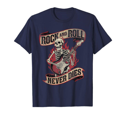 Rock and Roll Never Dies Skeleton Vintage ROCK Music T-Shirt