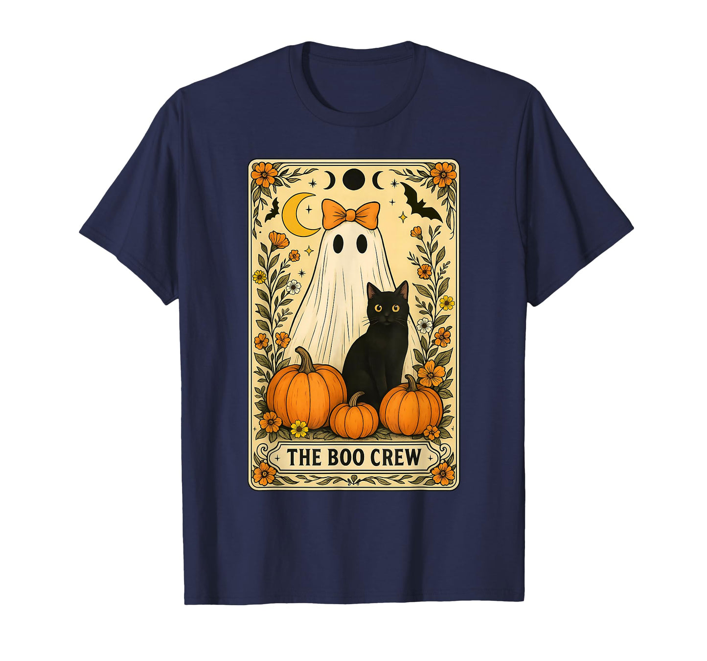 Halloween The Boo Crew Cute Ghost with Black Cat Tarot Card T-Shirt