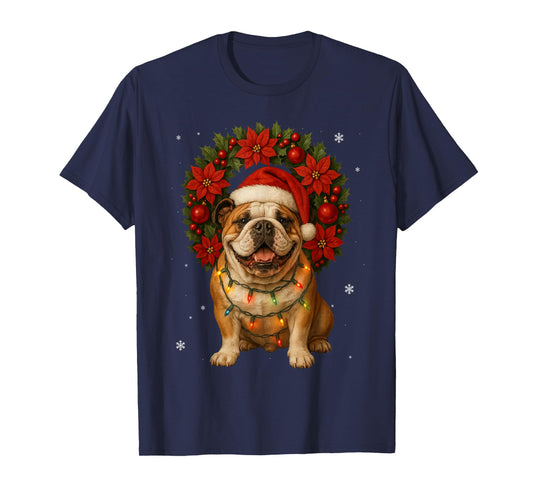 English Bulldog Christmas Dog Tree Festive Wreath Xmas T-Shirt