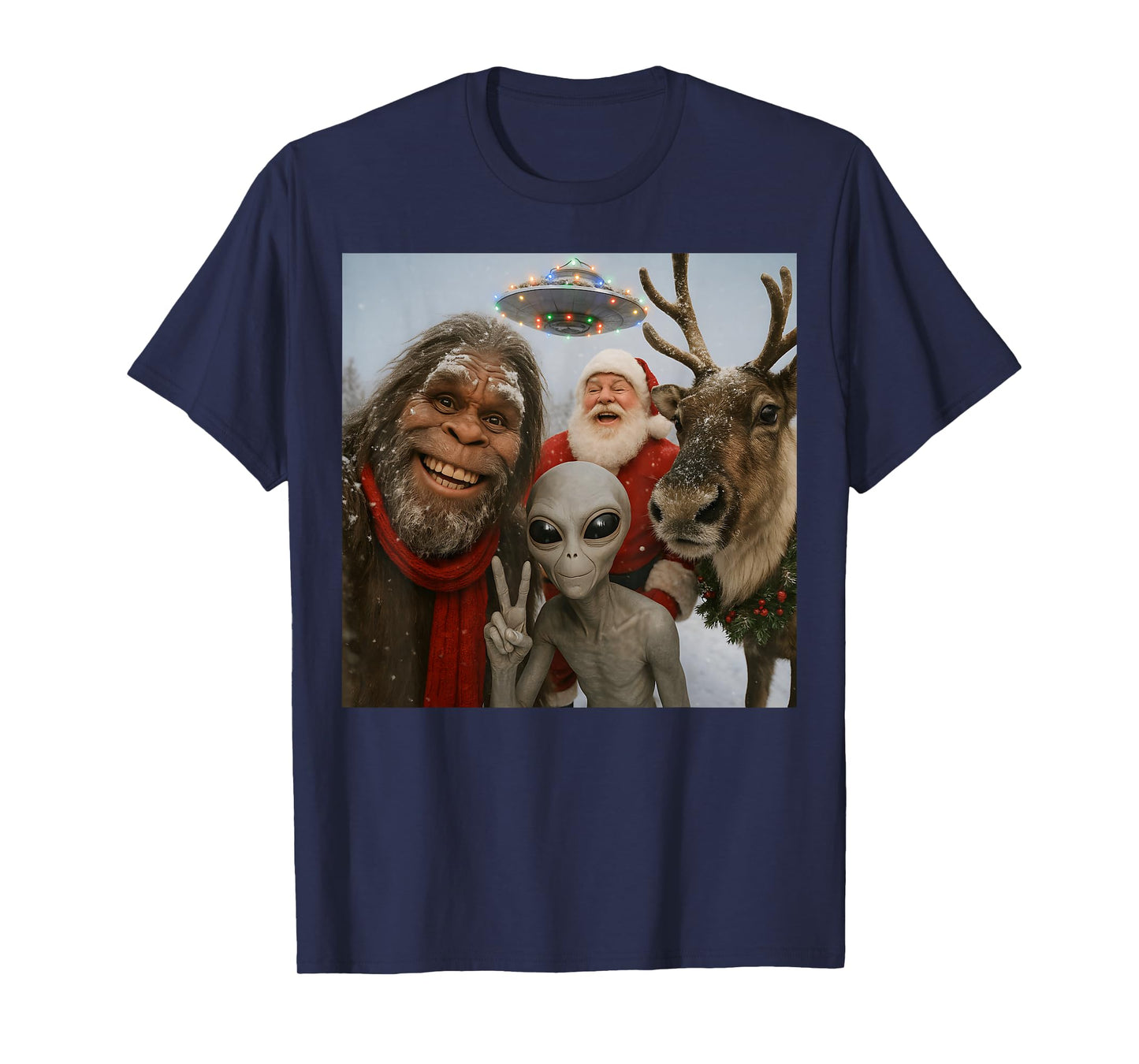 Funny Bigfoot Alien UFO Santa Reindeer Christmas T-Shirt
