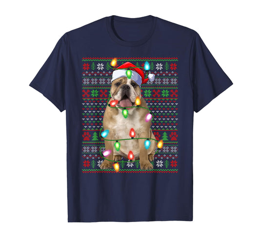 English Bulldog Xmas Lights Ugly Christmas Sweaters T-Shirt