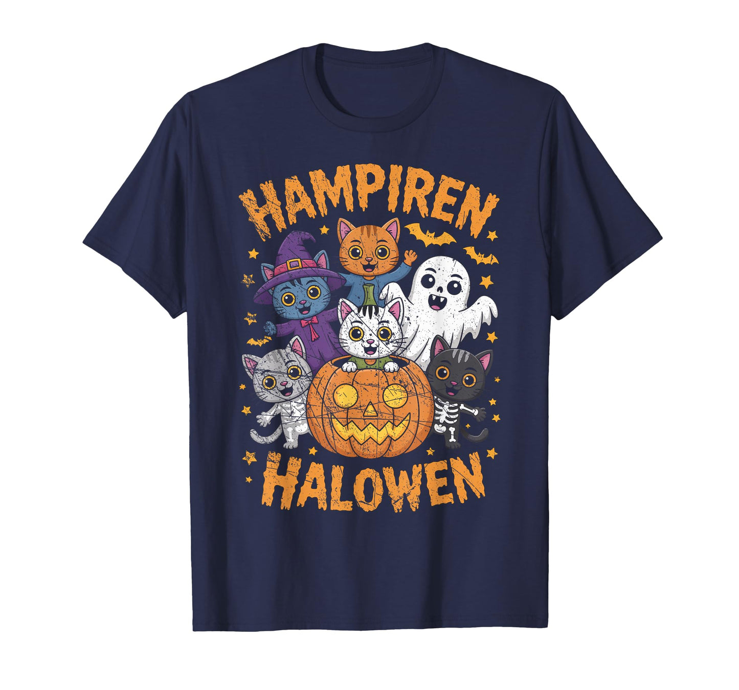 Vampire Ghost Zombie Witch Cats in Pumpkin Cute Halloween T-Shirt