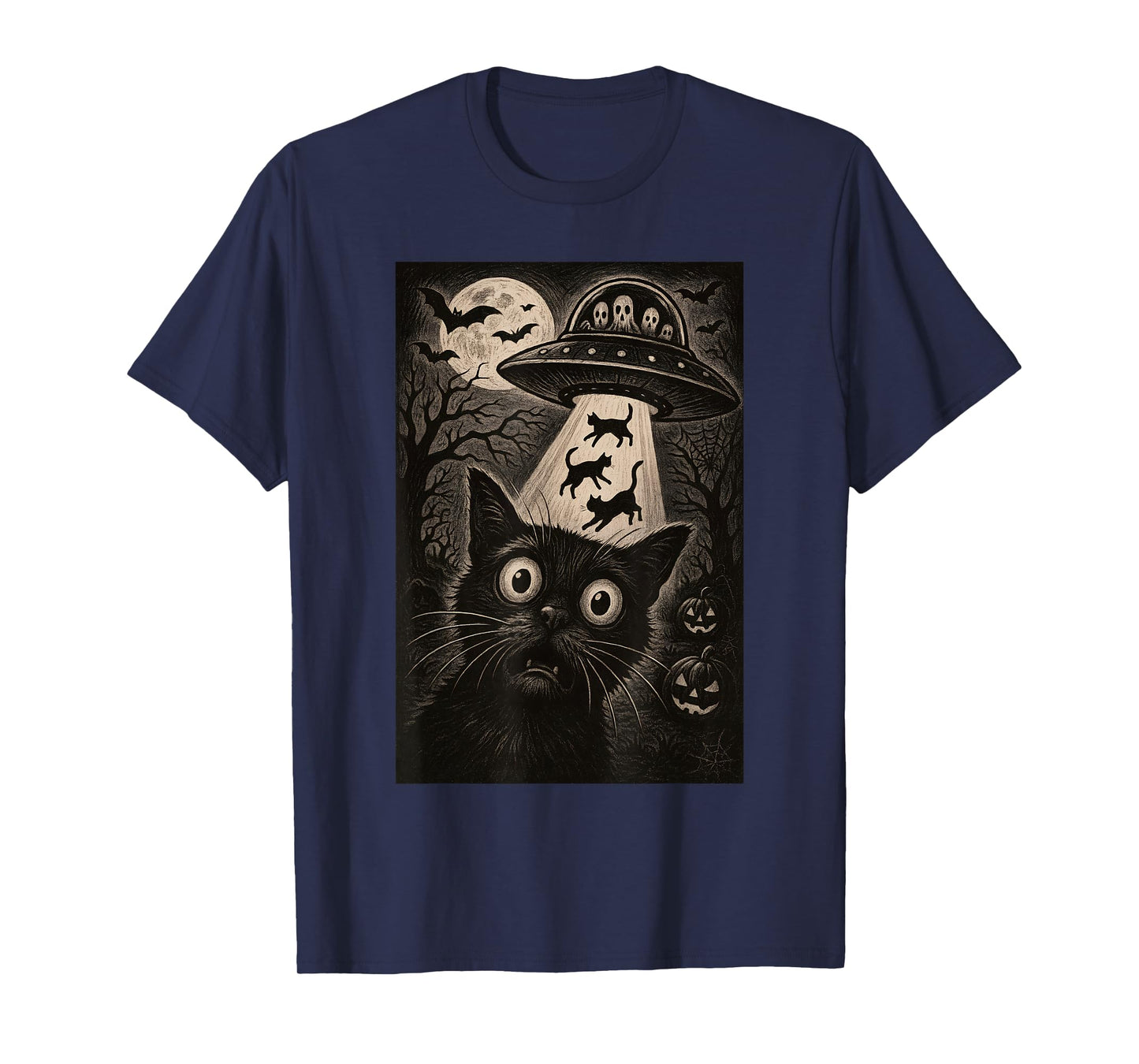 Halloween Cat Selfie Scary Alien Abduction Cats UFO Flying T-Shirt