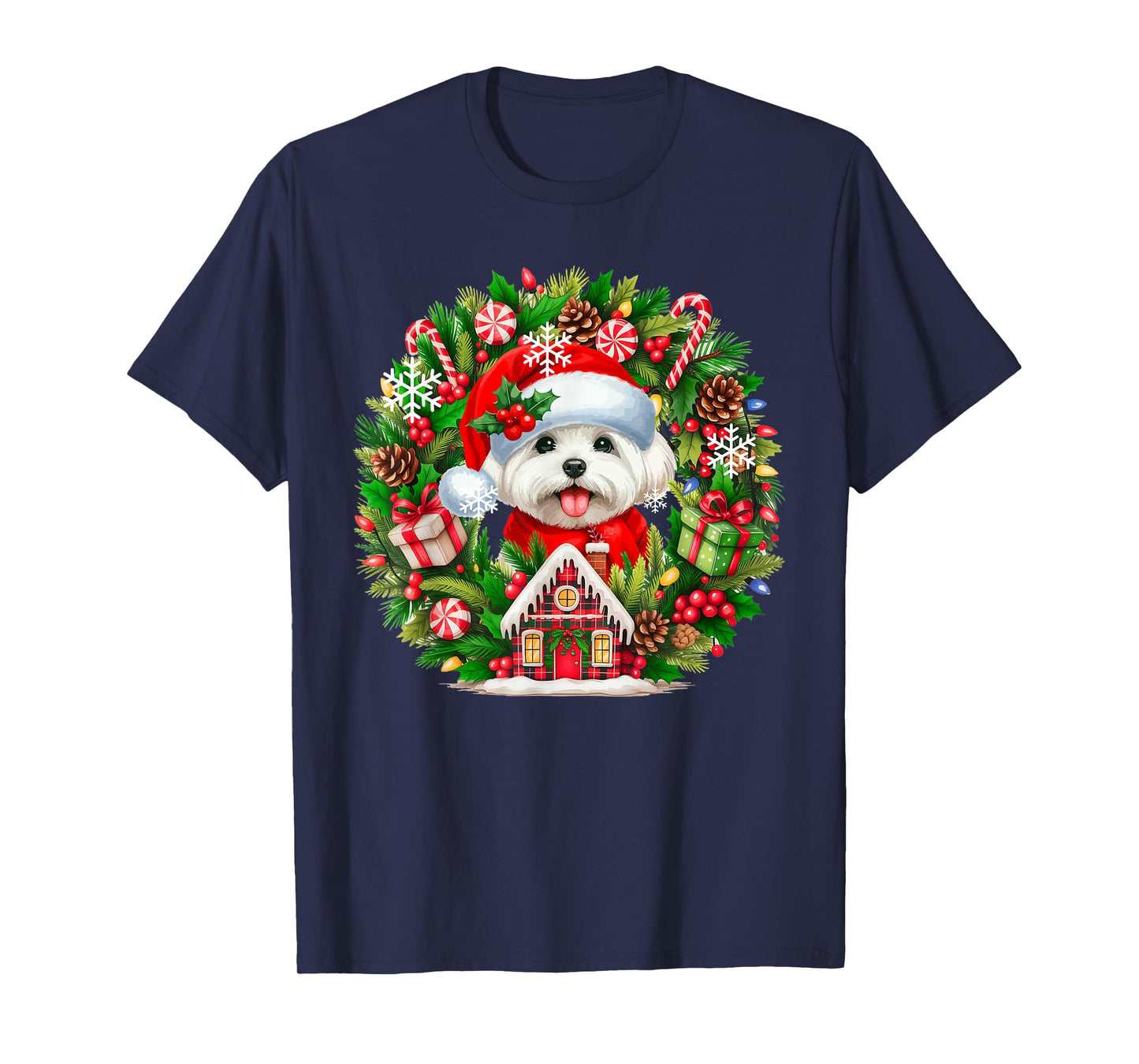 Santa Maltese Christmas Floral Circle Matching Owner Kids T-Shirt