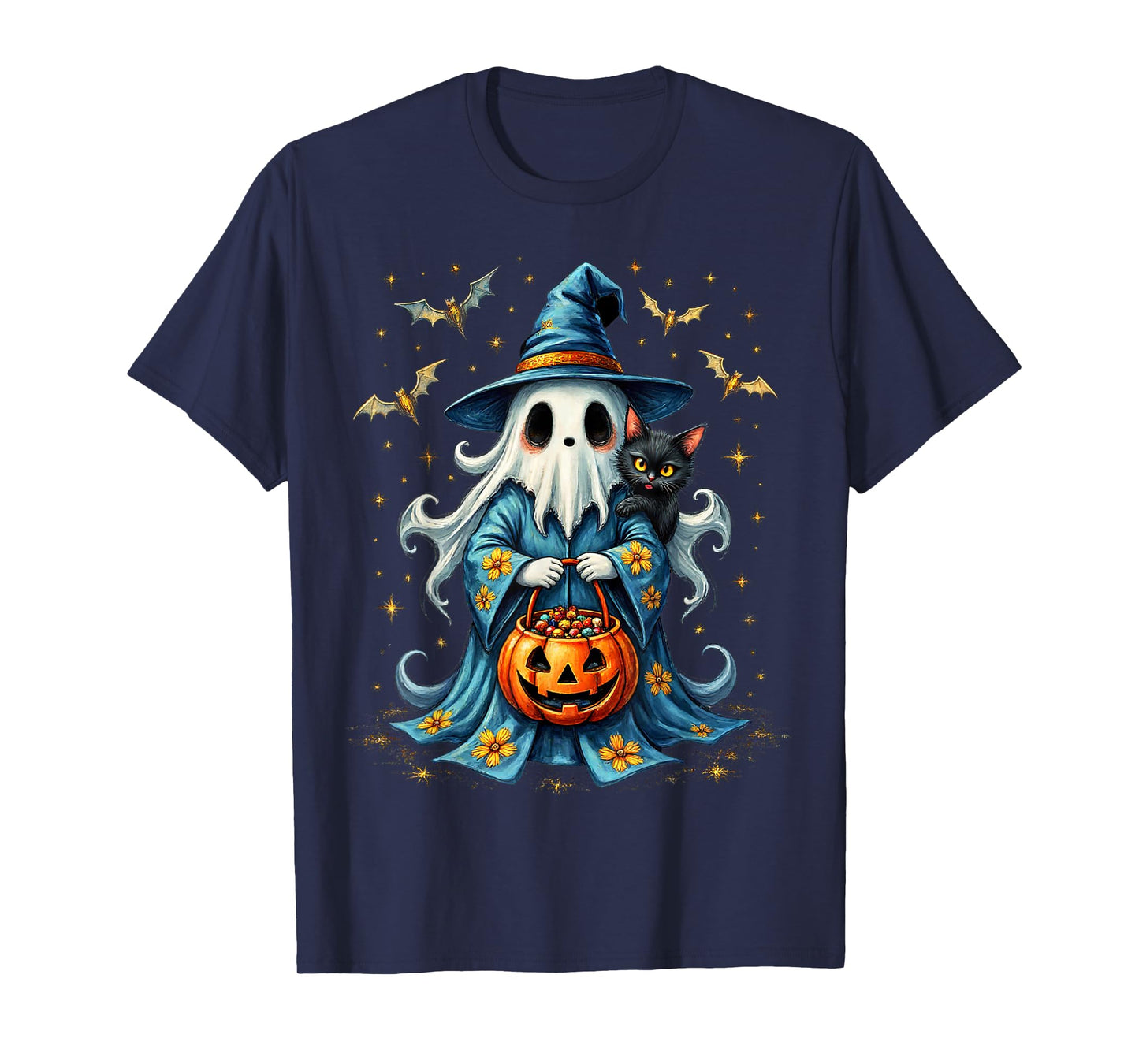 Ghost Holding Black Cat Lover Halloween 2025 Groovy Floral T-Shirt