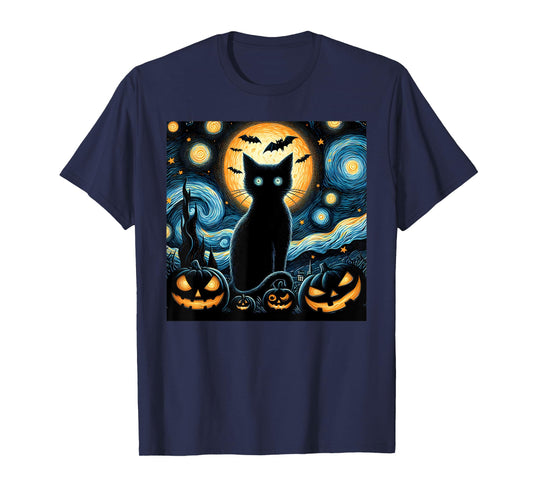 Halloween Starry Night Black Cat Van Gogh Halloween Cat T-Shirt for Men Women Kids