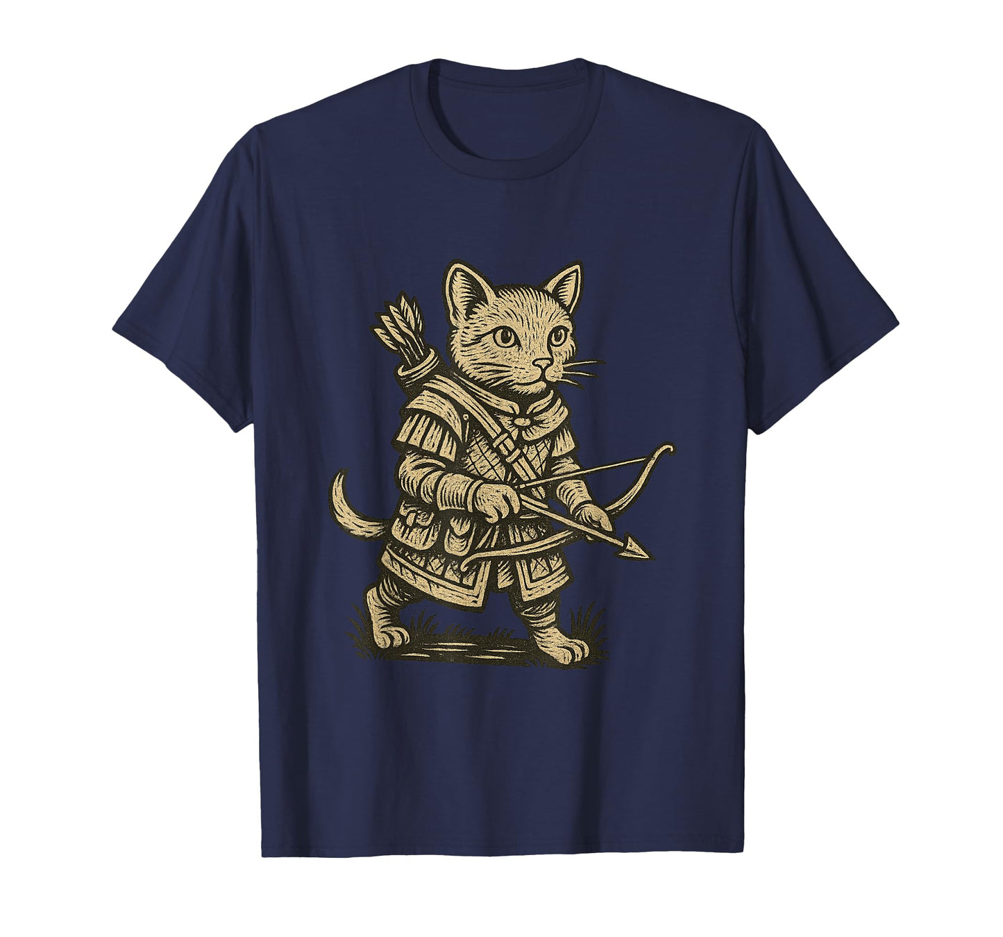 Medieval Warrior Cat Archer Renaissance Woodcut-style T-Shirt