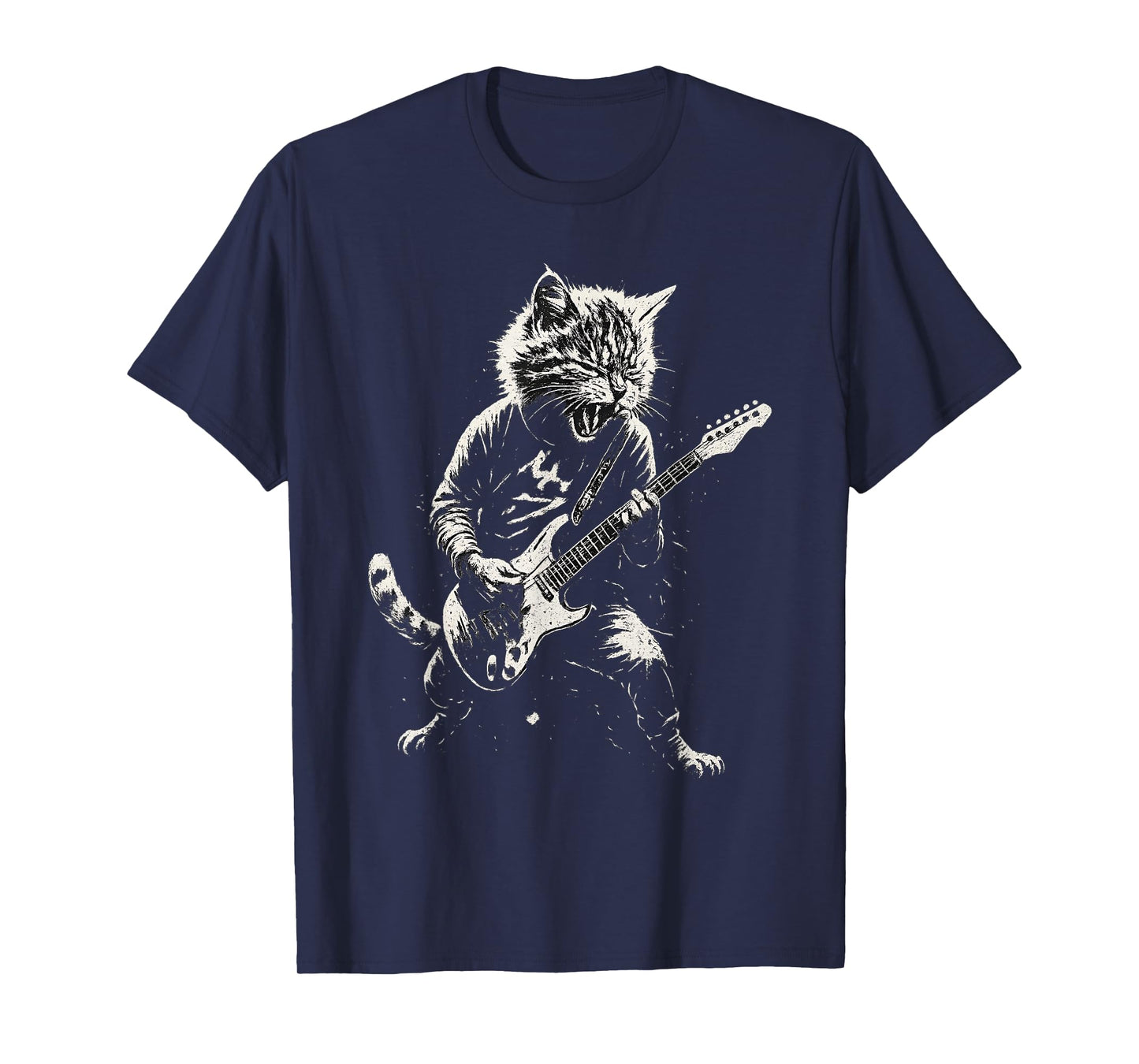 Cat Playing Guitar Rock Music Band Cool Graphic Tees Vintage T-Shirt