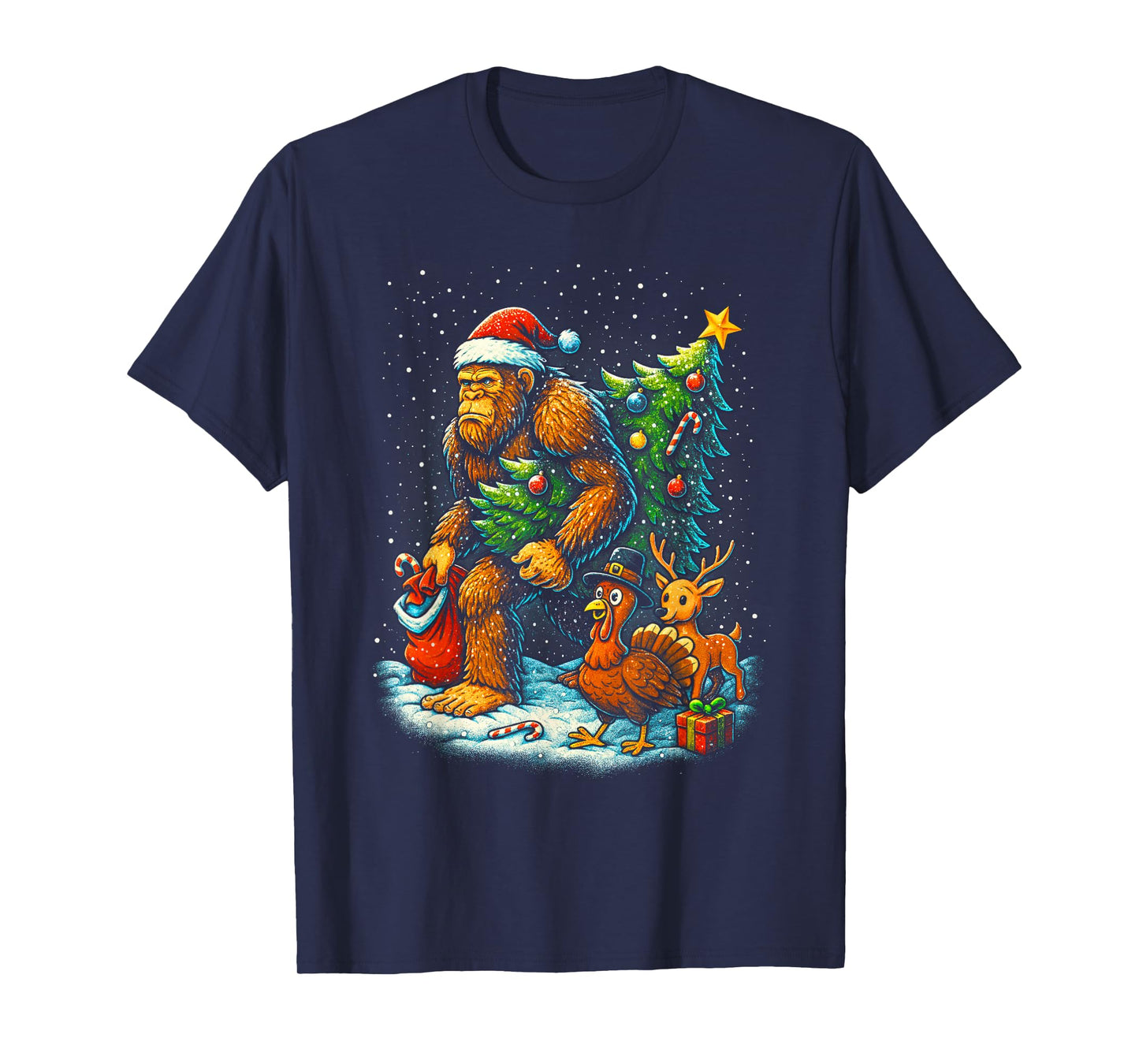 Santa Bigfoot Christmas Tree Turkey Reindeer Thanksgiving T-Shirt