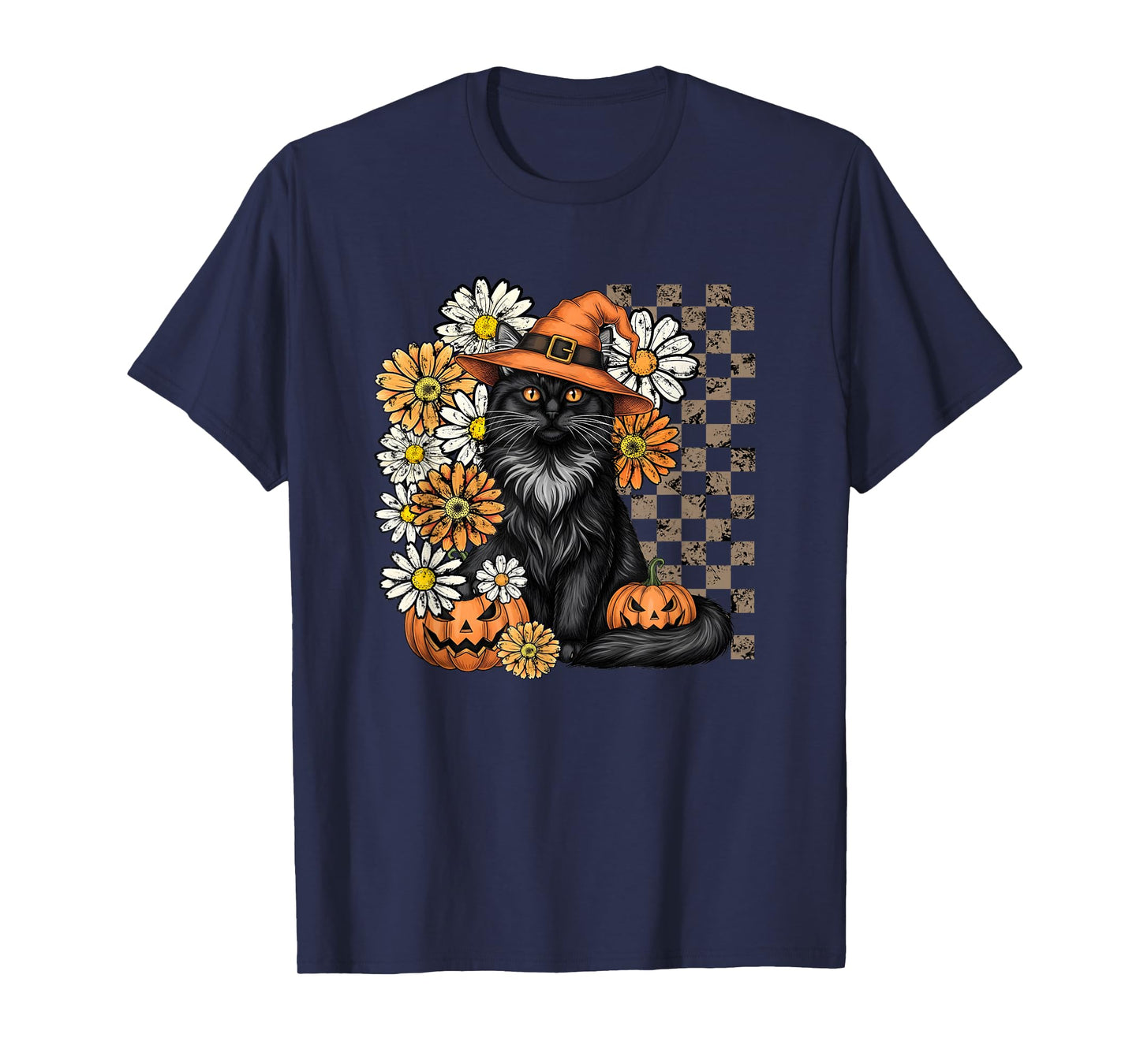 Halloween Black Cat Witch Checkered Print Fall Floral T-Shirt
