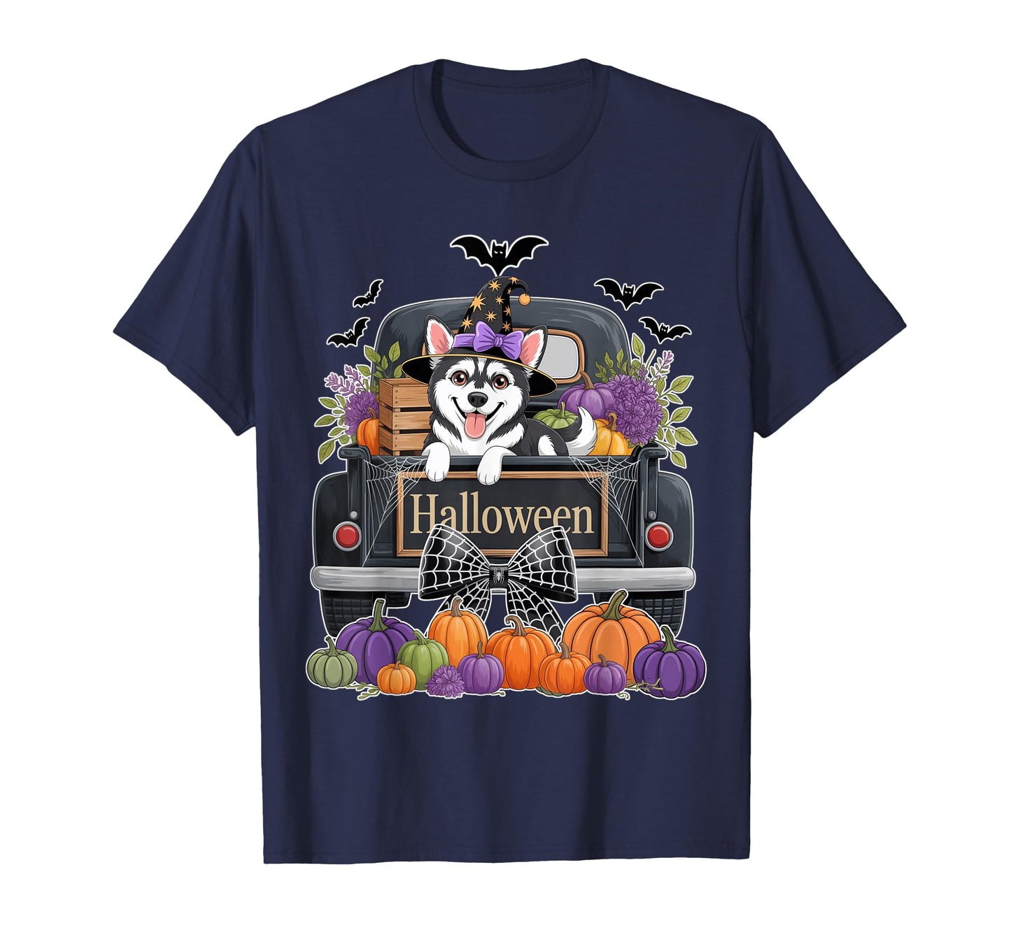 Siberian Husky Witch Hat Truck Pumpkin Dog Lovers Halloween T-Shirt