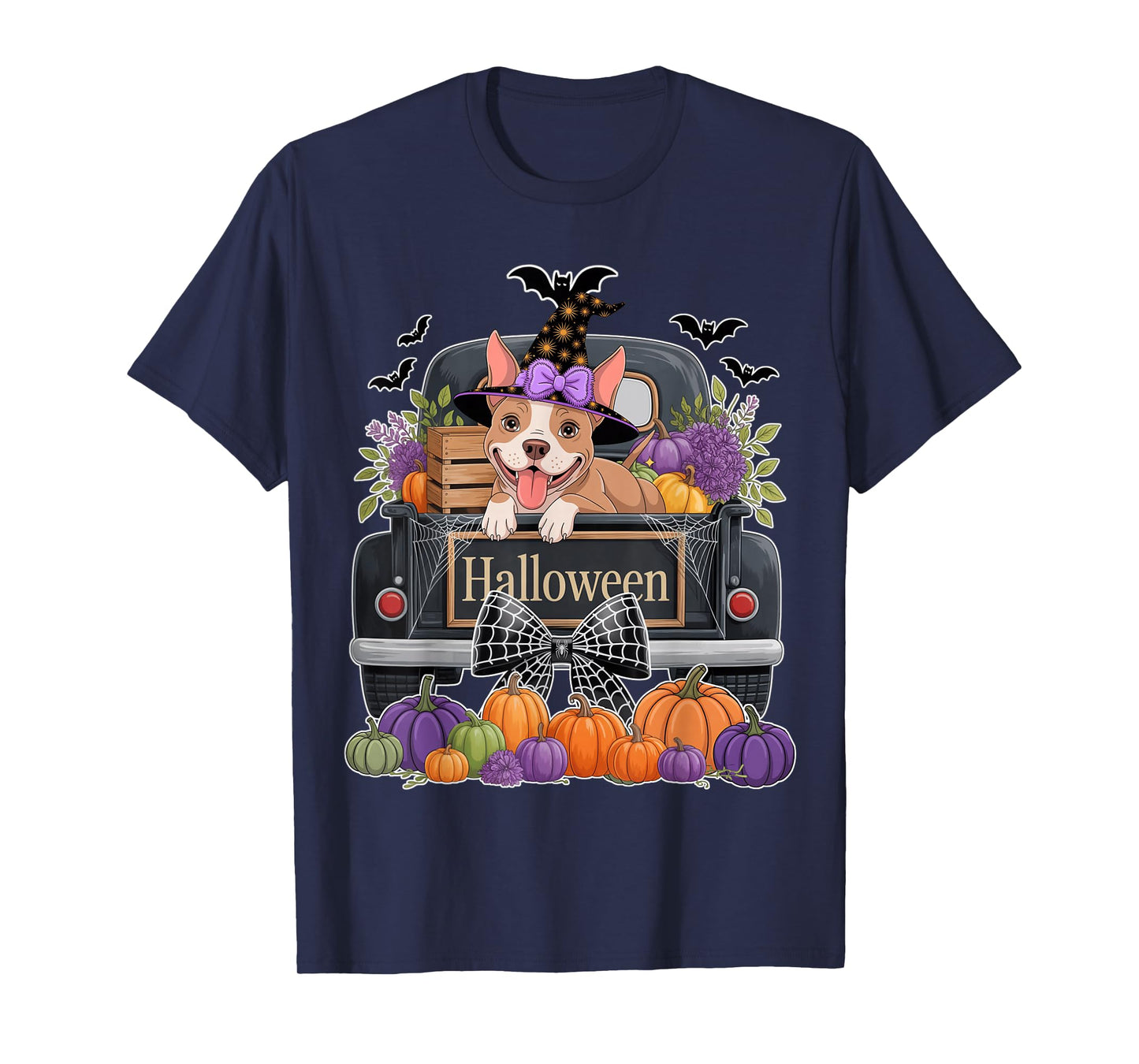 Funny Pitbull Witch Hat Truck Pumpkin Dog Lovers Halloween T-Shirt