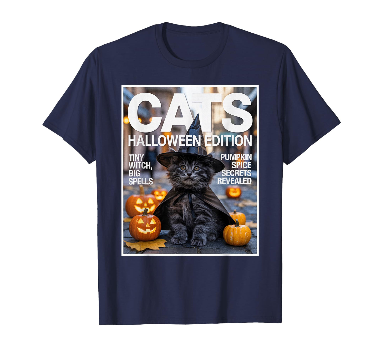 Funny Black Cat in Witch Costume with Pumpkins Halloween T-Shirt