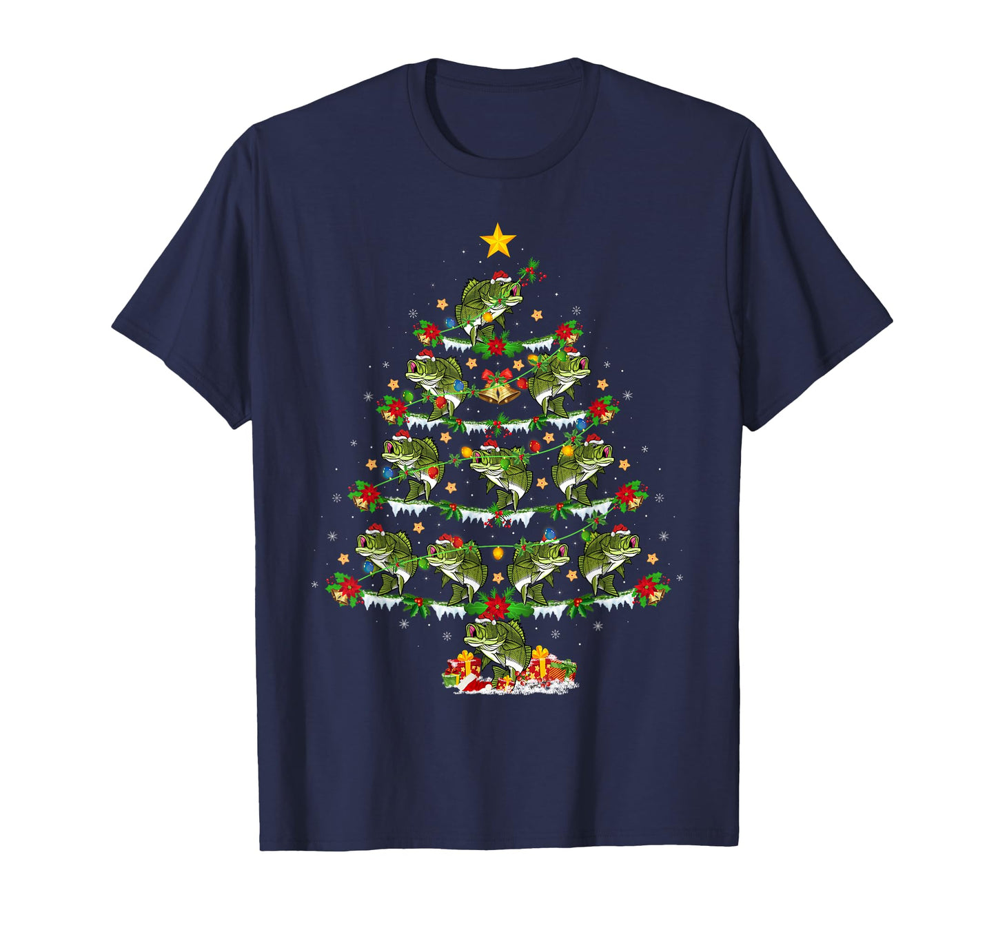 Bass Fish Christmas Tree Lights Funny Bass Fishing Xmas T-Shirt