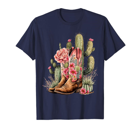Retro Cowgirl Boots Floral Cactus Western Flower Teen Girls T-Shirt