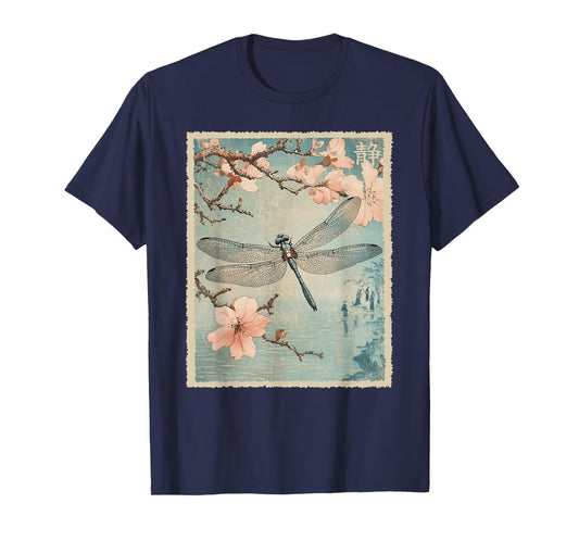 Dragonfly and Cherry Blossom Vintage Japanese Nature Art T-Shirt