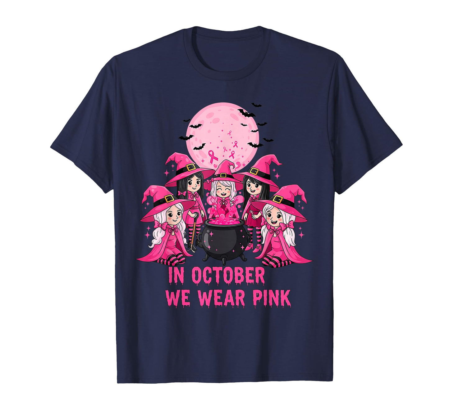 October We Wear Pink Witch Halloween Breast Cancer Awareness T-Shirt