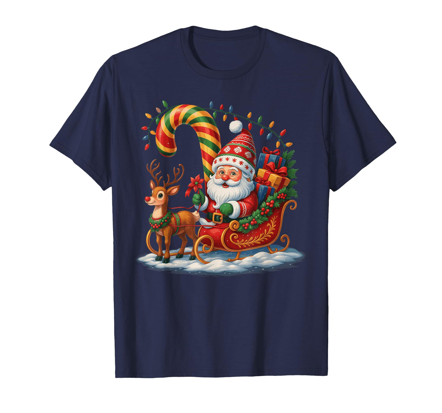 Santa Claus Riding Reindeer Christmas Lights Xmas Men Women T-Shirt