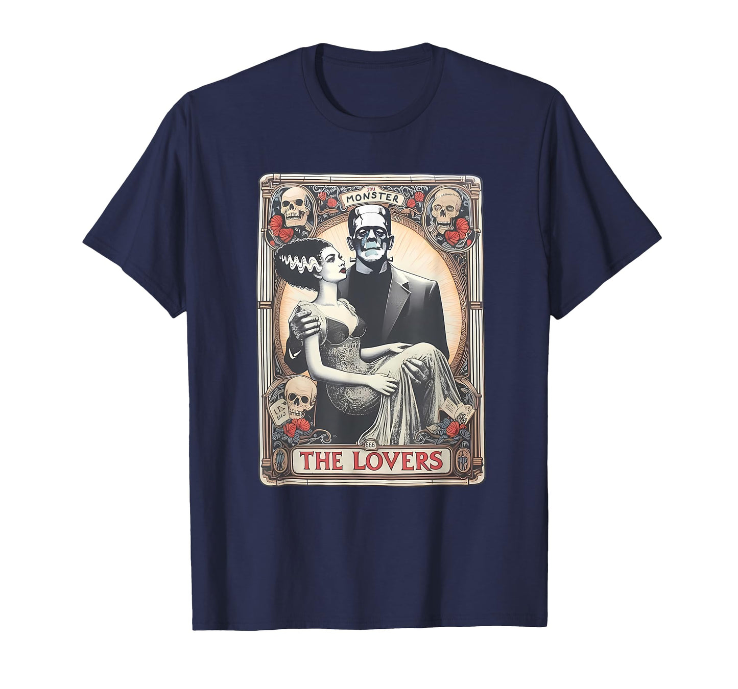 Retro Halloween Frankenstein Tarot Card T-Shirt - Unisex Adults - Black - Small - Short Sleeve - Regular Fit - Cotton 100%, Polyester Blend - Halloween, Retro, Couples, Tarot Card Fans, Unisex