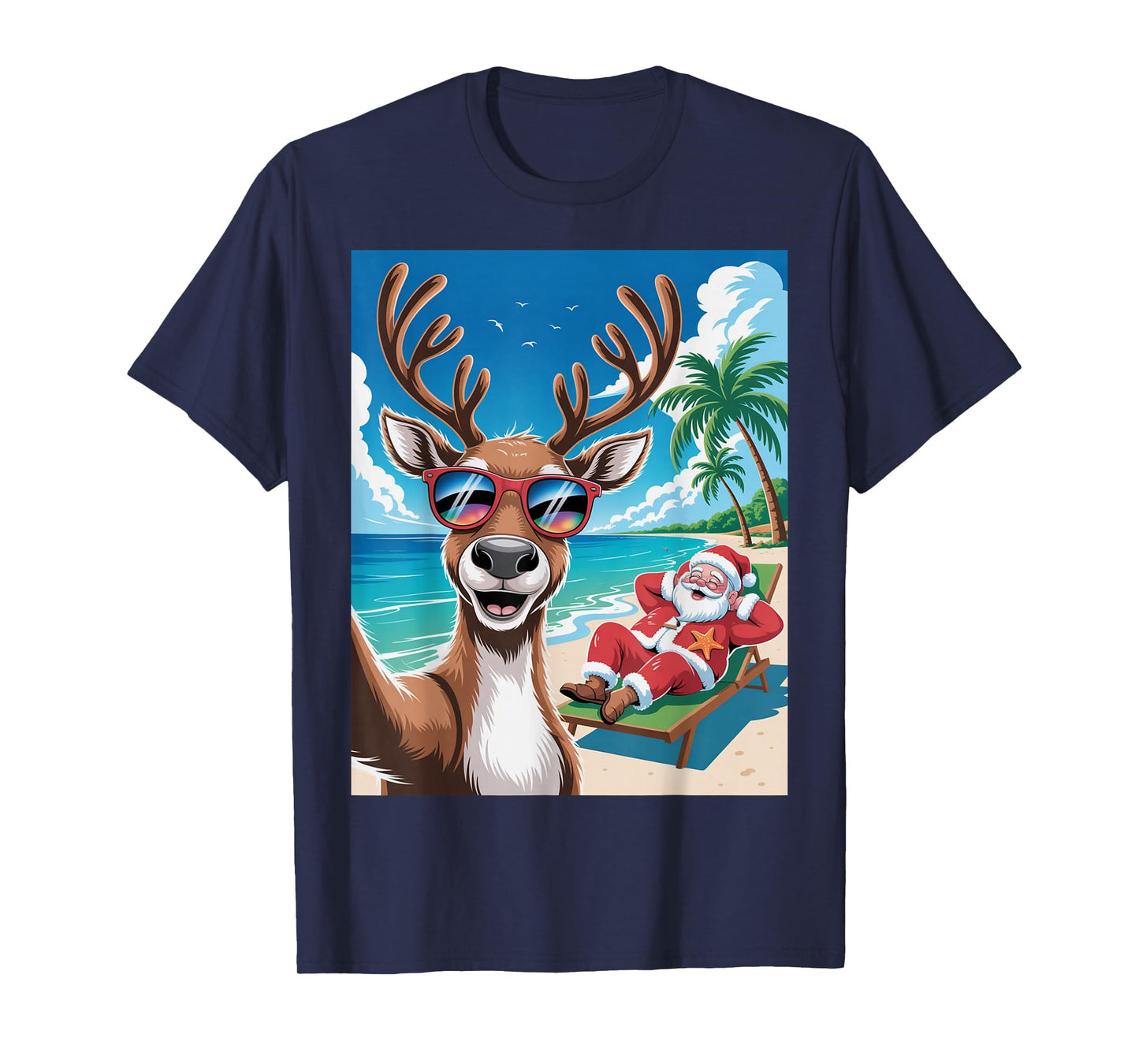 Funny Reindeer Selfie Christmas Beach Santa Vibe T-Shirt