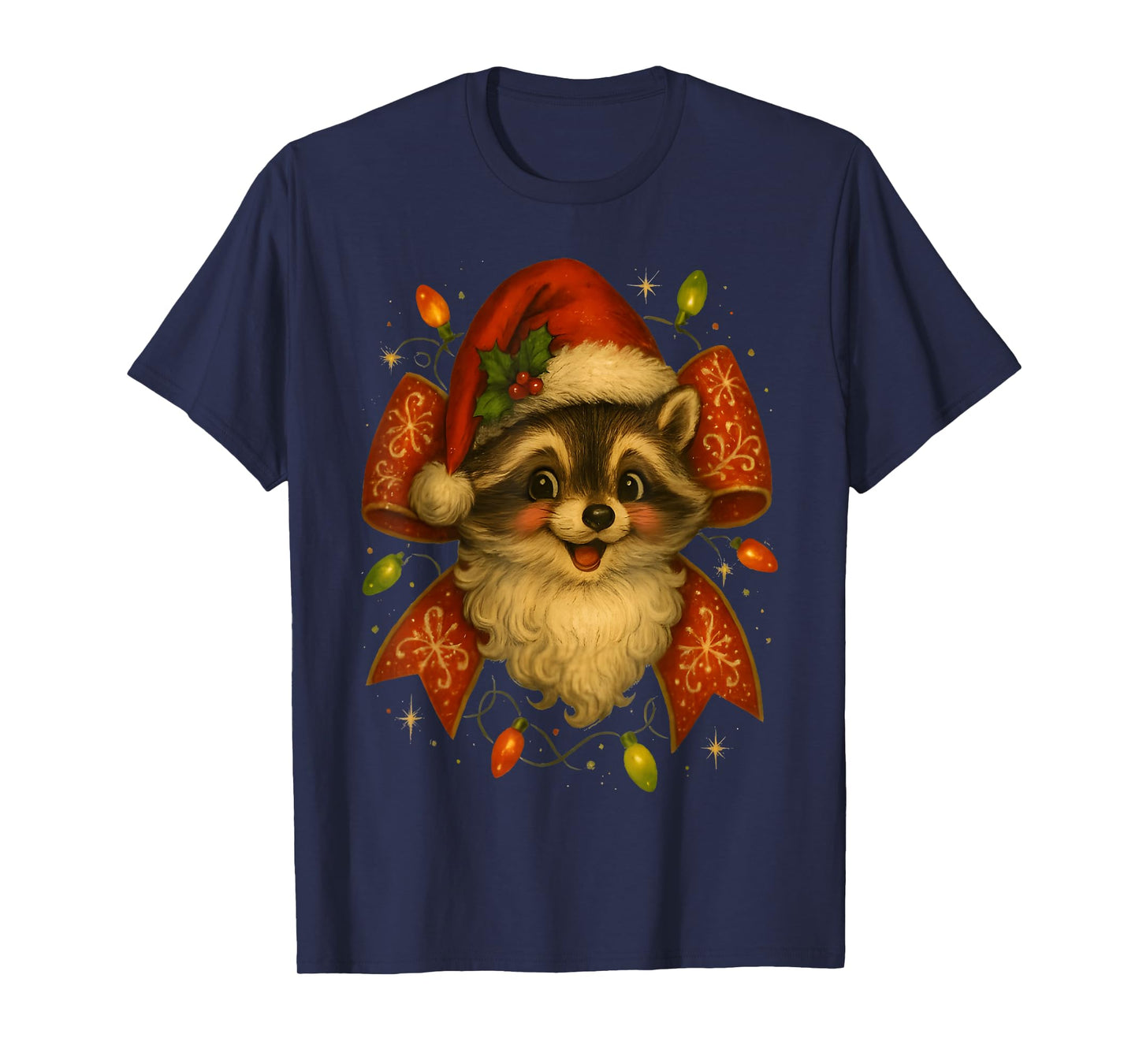 Funny Santa Raccoon in Santa Hat Holiday Cute Bow tee Lovers T-Shirt