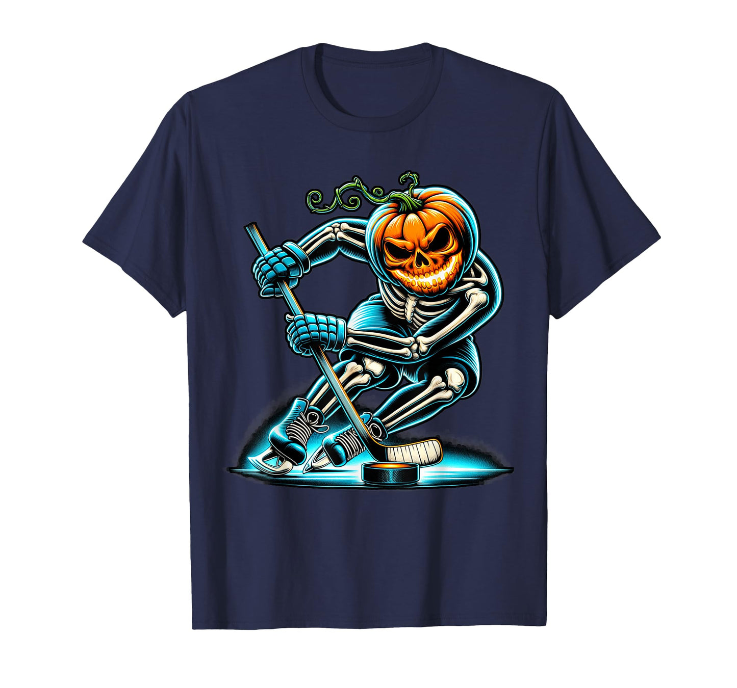 Funny Skeleton Ice Hockey Pumpkin Halloween Mens Boys Kids T-Shirt
