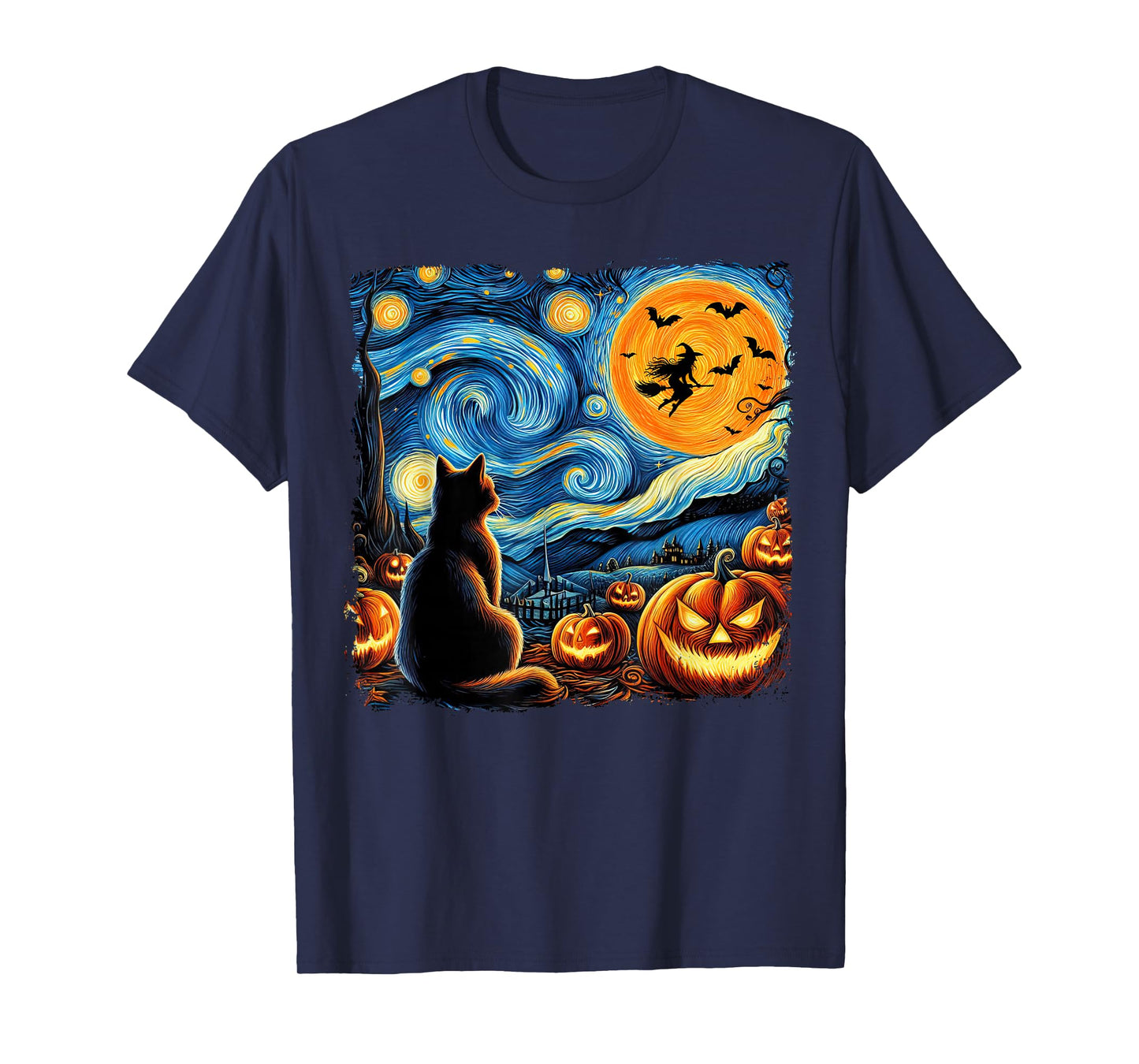 Halloween Shirt Men Women Black Cat Pumpkins Bats Witch Moon T-Shirt