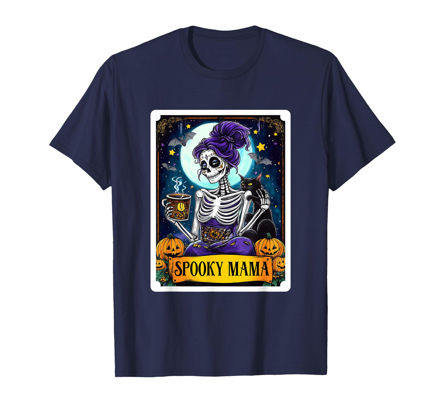 Spooky Mama Tarot Card Halloween Mom Skull Mama Black Cat T-Shirt
