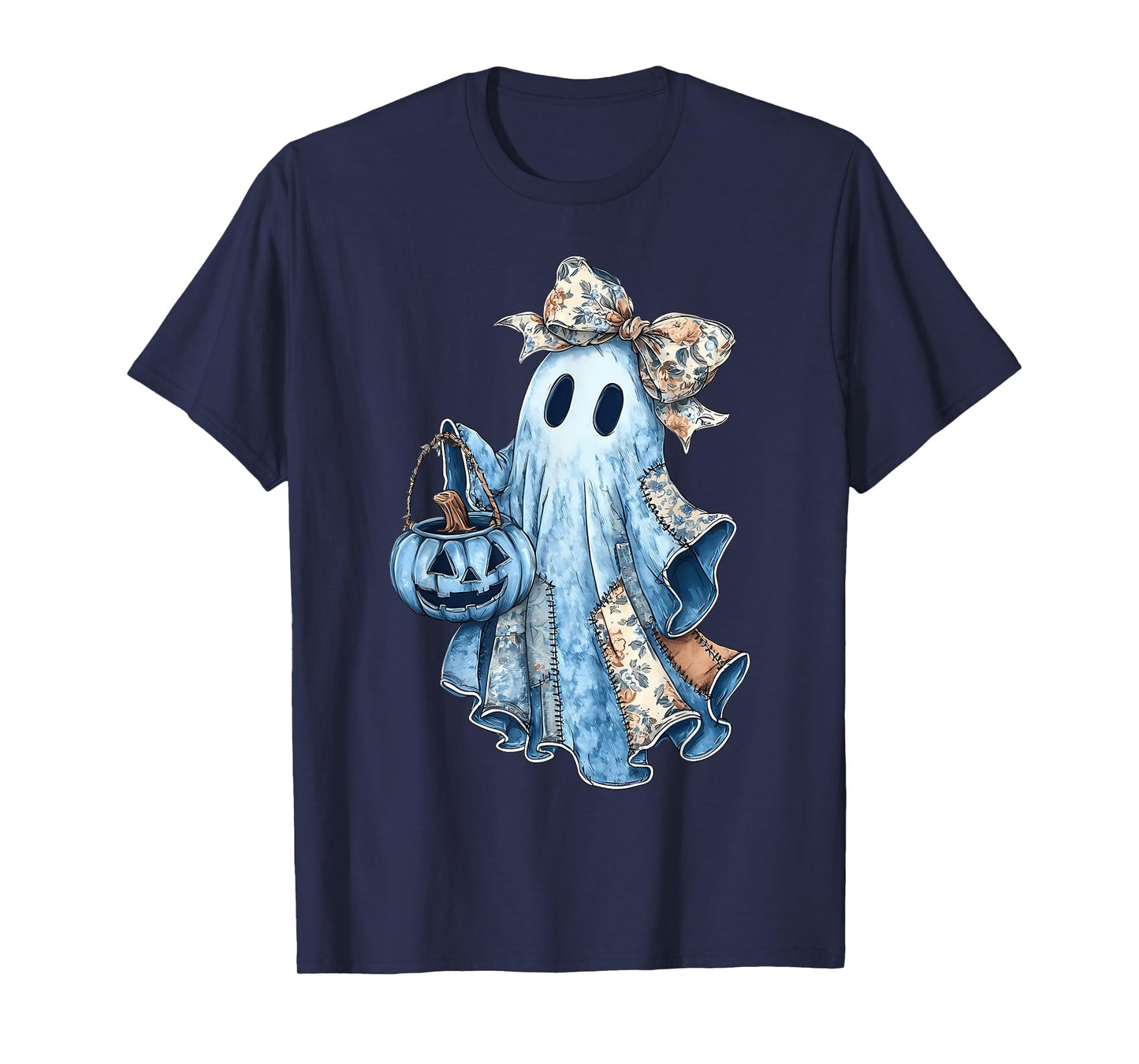 Retro Halloween Blue Denim Ghost Floral Patchwork Haloween T-Shirt