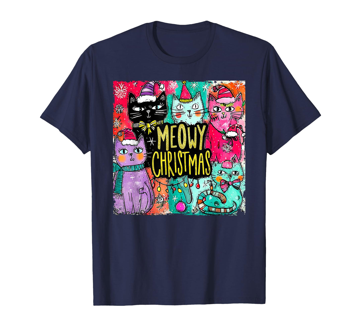 Meowy Christmas Cat Ugly Christmas Cat Reindeer Santa Xmas T-Shirt