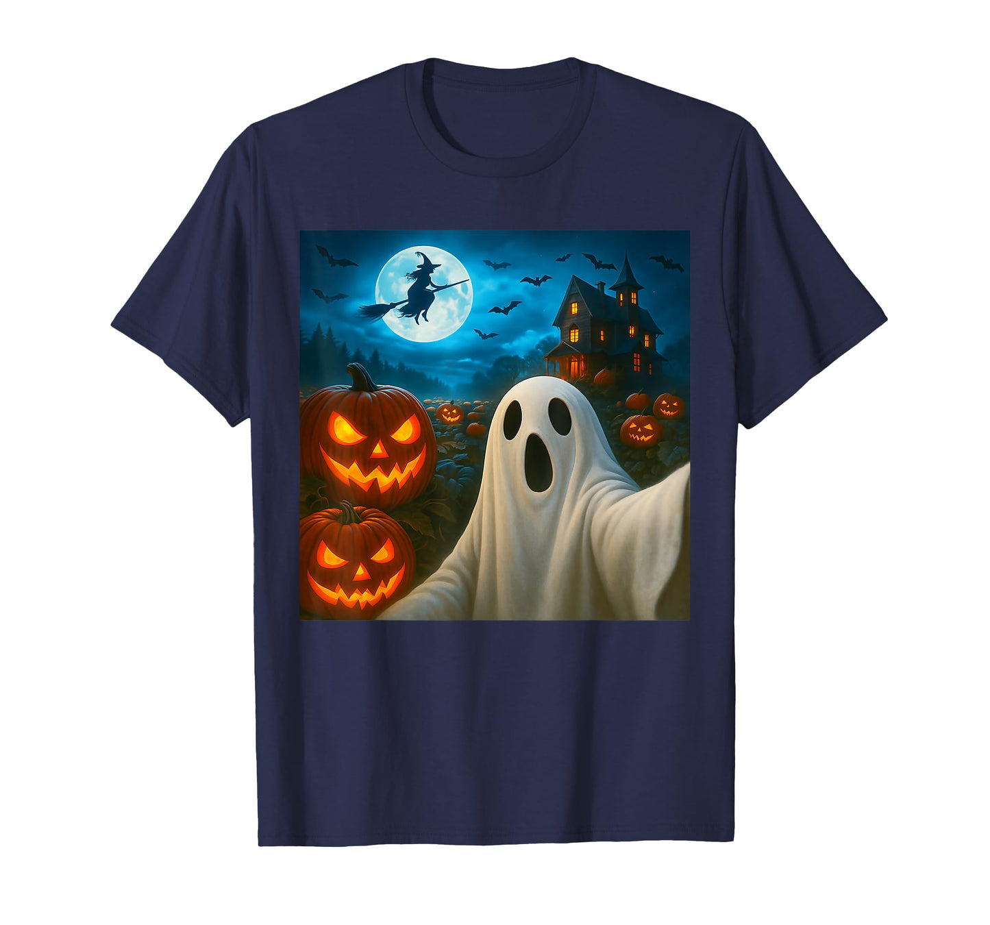 Funny Halloween Ghost Selfie with Spooky Pumpkins Men Women T-Shirt