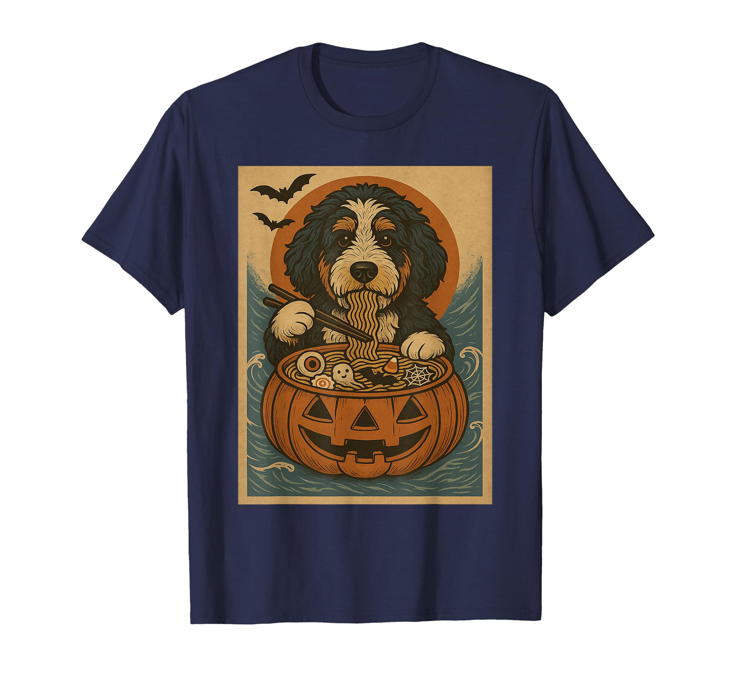 Funny Spooky Bernedoodle Pumpkin Japanese Ramen Noodles T-Shirt