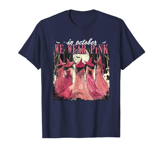 Retro in October We Wear Pink Witch Breast Cancer Awareness T-Shirt