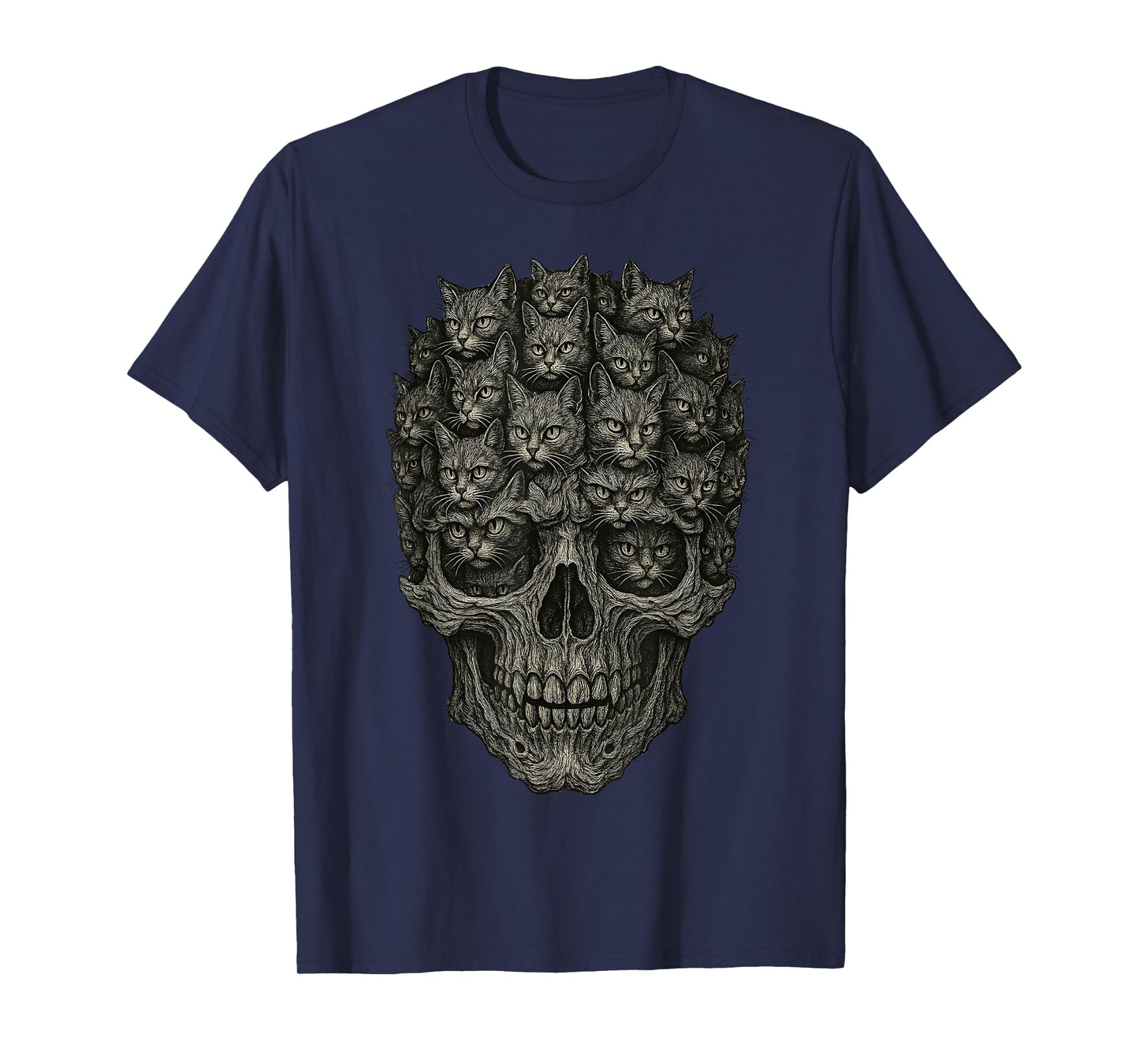 Vintage Halloween Skull Black Gray Cats Subtle Cat Parents T-Shirt