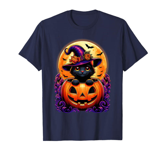 Black Cat Witch Hat Pumpkin Funny Halloween Men Women Kids T-Shirt
