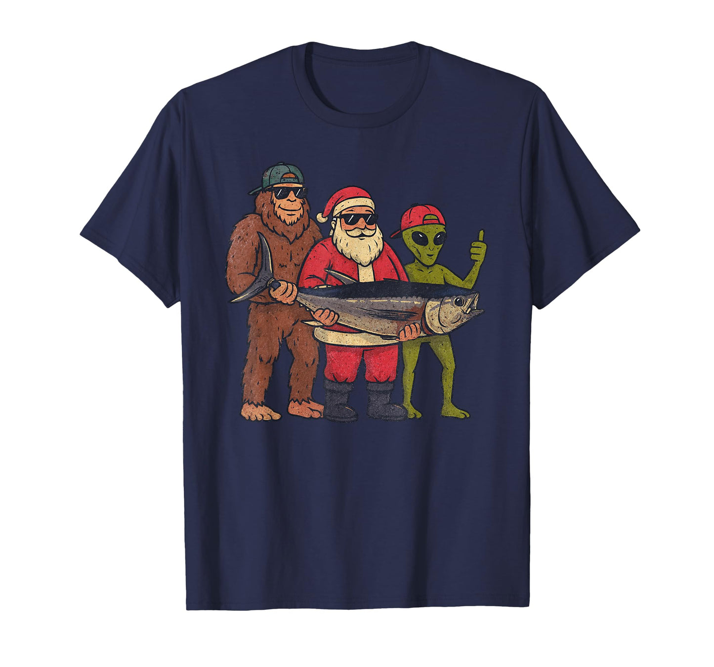 Santa Sasquatch Fishing Christmas Vintage Fish Funny Xmas T-Shirt