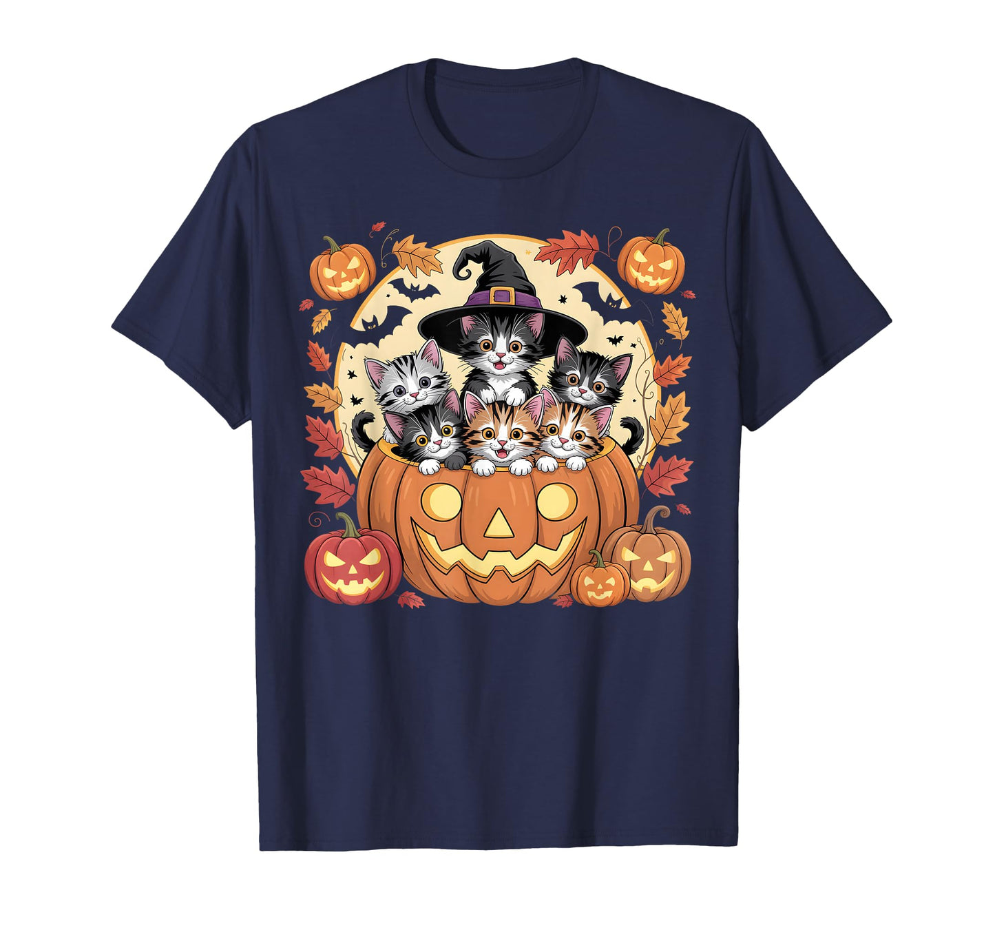 Cute Halloween Kittens in Pumpkin with Witch Hat and Bats T-Shirt