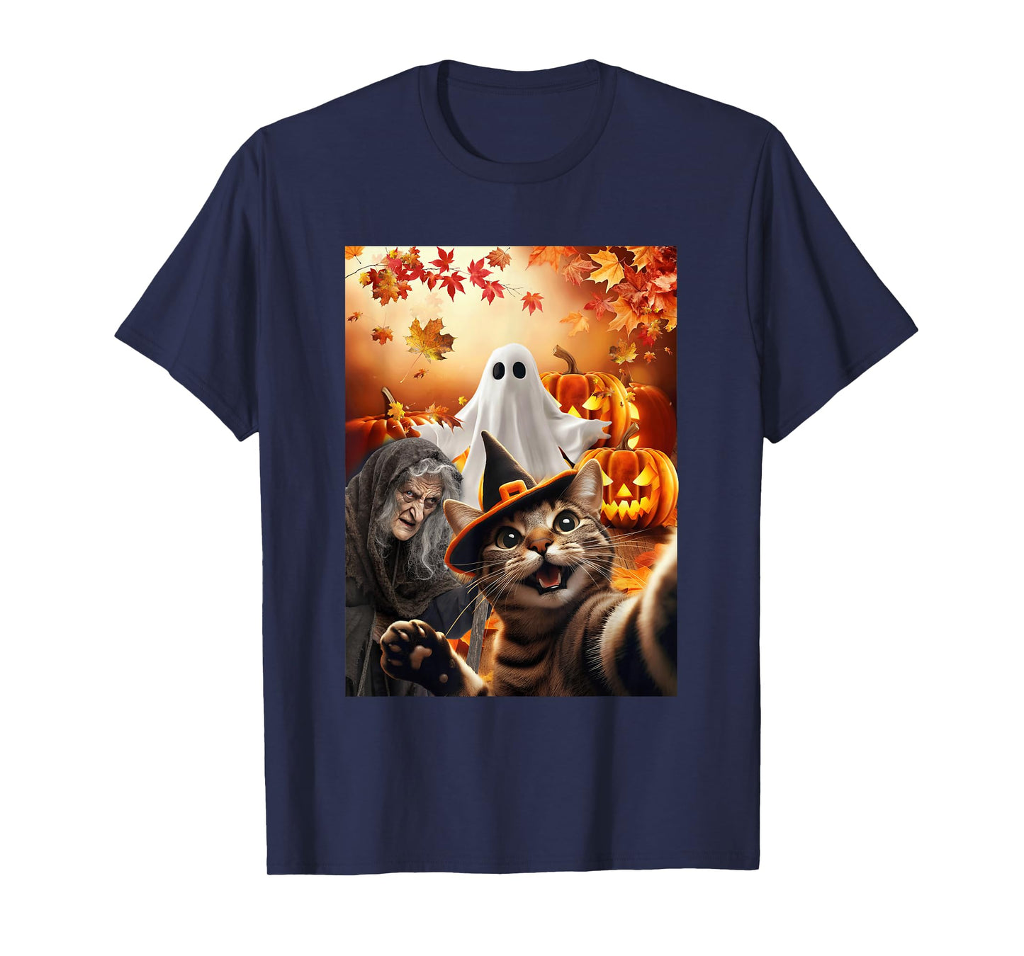 Funny Halloween Cat Selfie Ghost Witch Pumpkin Autumn Leaf T-Shirt