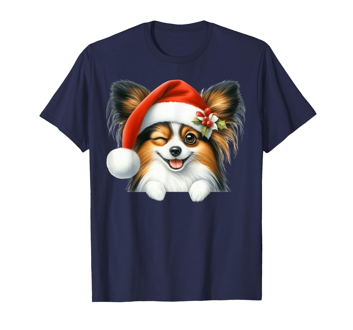 Papillon Dog Christmas Santa Hat Dog Mom Dad T-Shirt