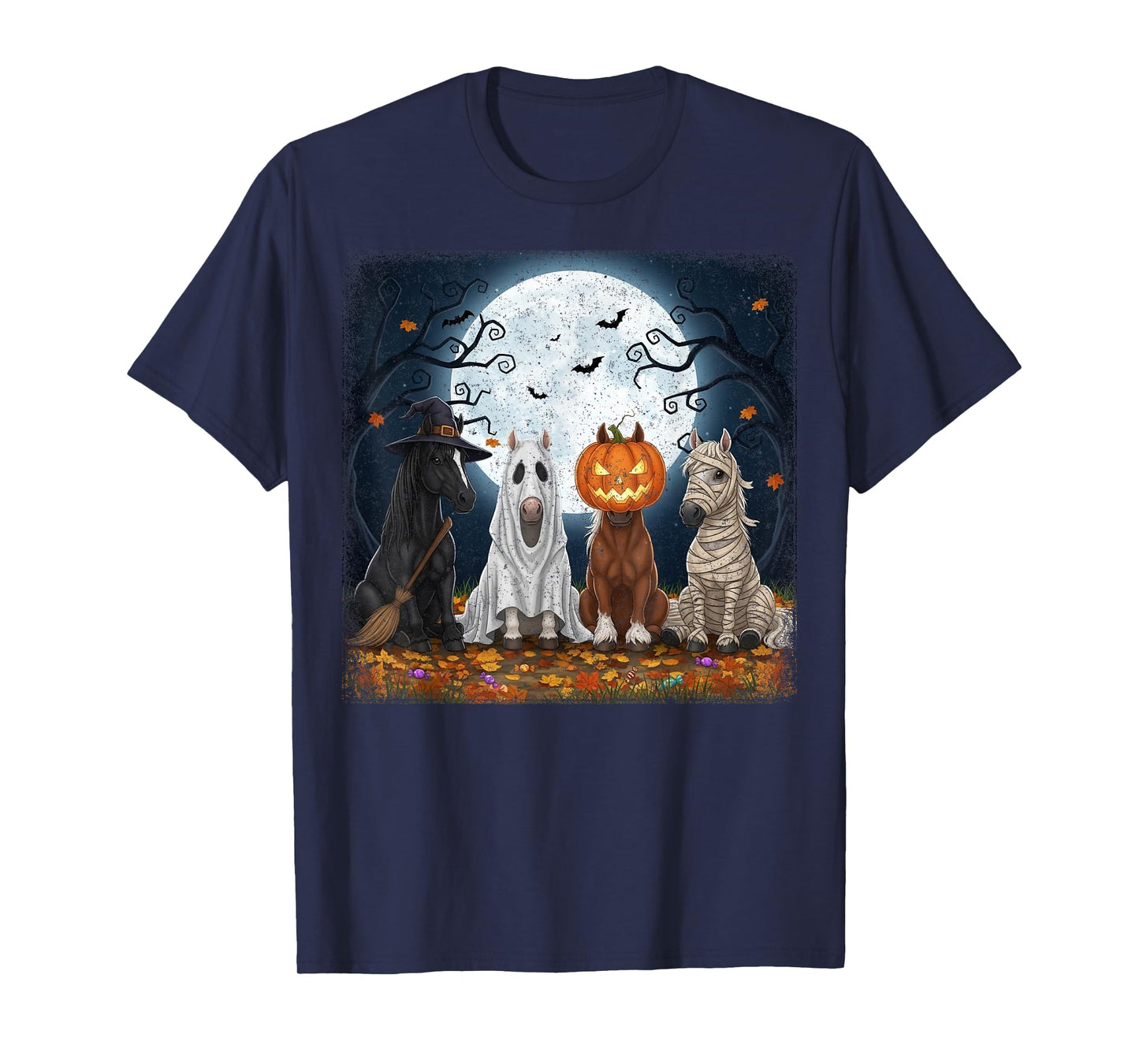 Halloween Horses with Ghost Pumpkin and Witch Hat Design T-Shirt